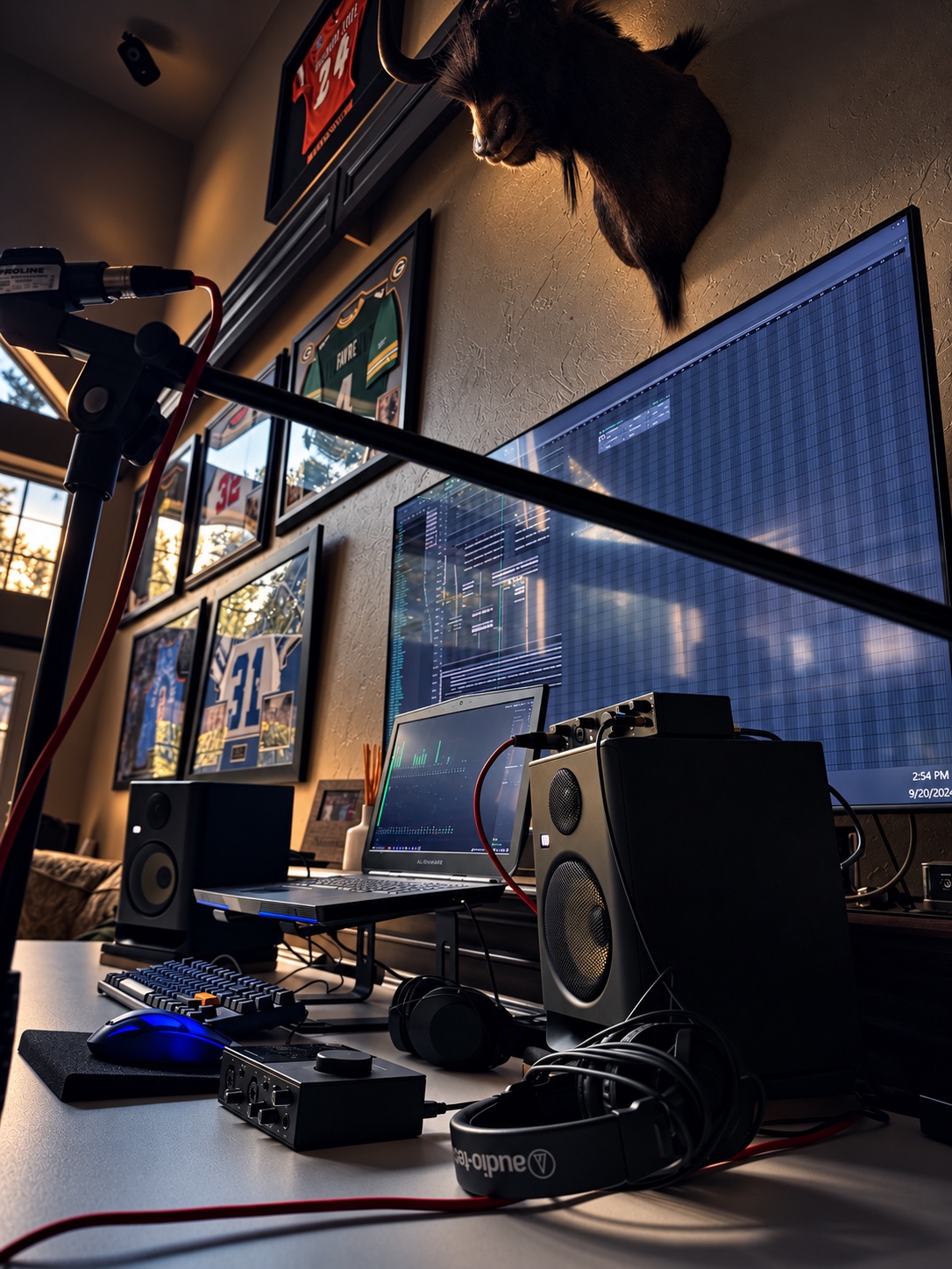 Angled view of the OUTONSPACE Studios monitors, microphone, and large display