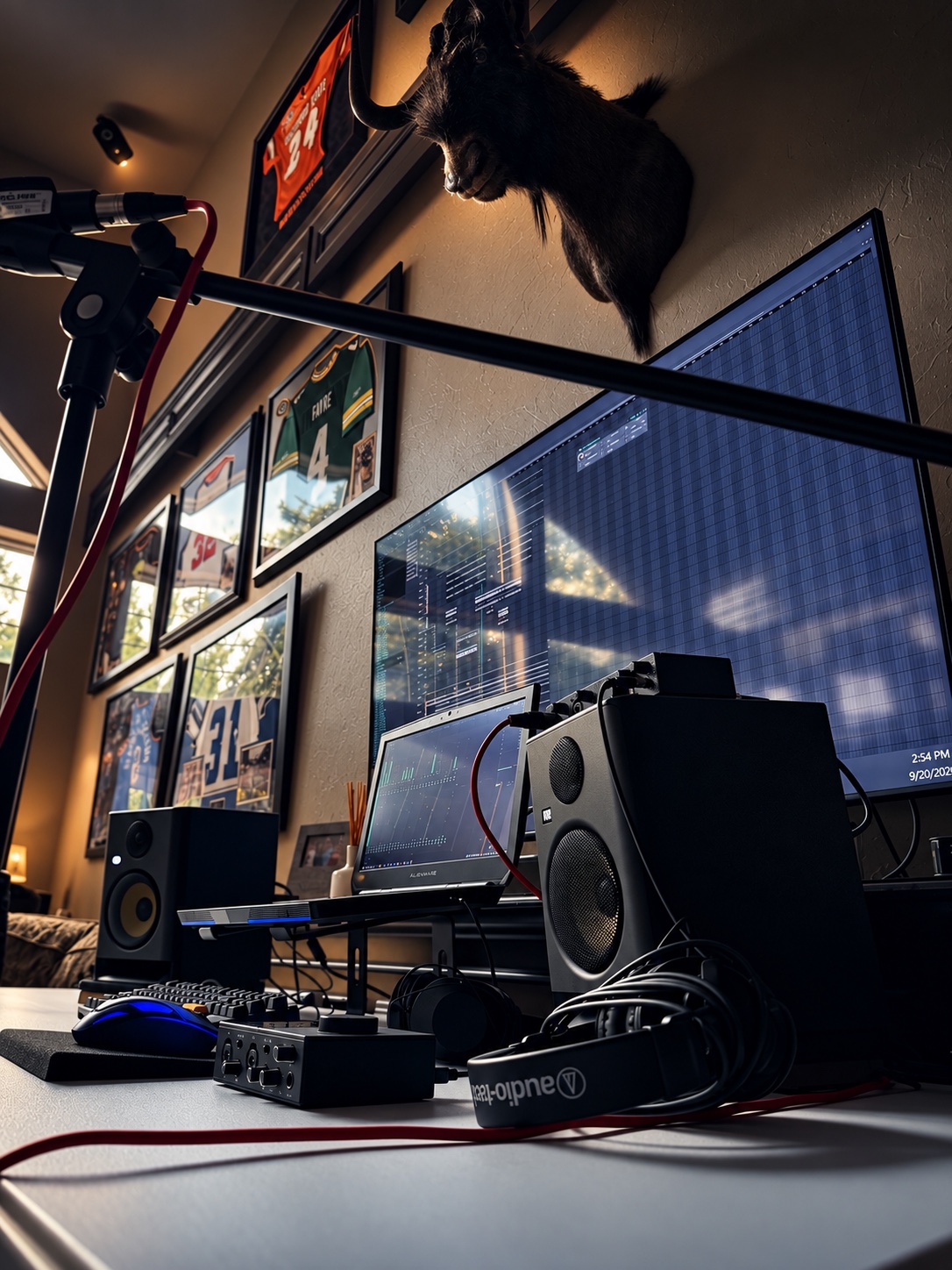 Close view of a KRK ROKIT 5 G5 monitor, microphone, headphones, and large display at OUTONSPACE Studios